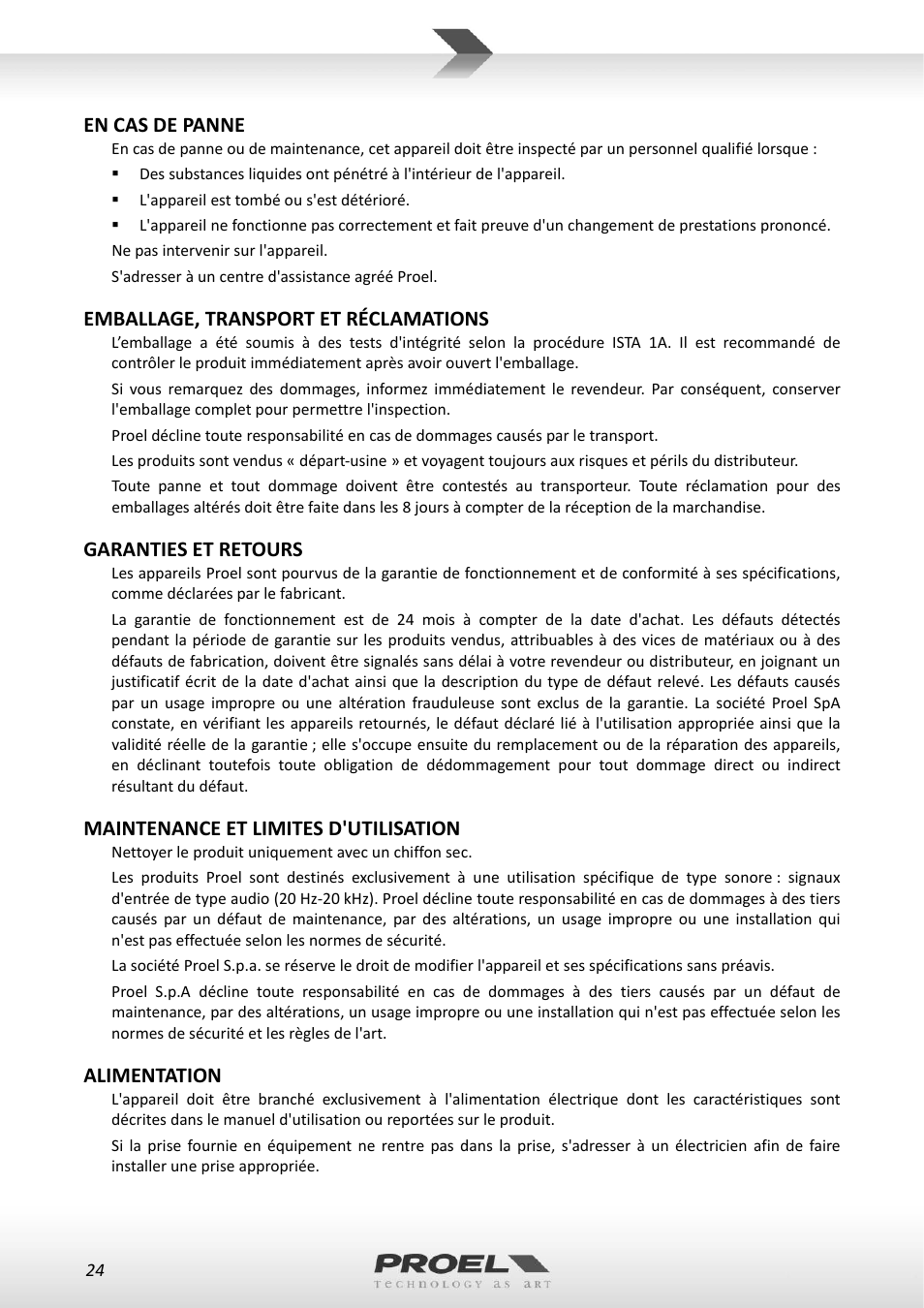 En cas de panne, Emballage, transport et réclamations, Garanties et retours | Maintenance et limites d'utilisation, Alimentation | Proel WM600 User Manual | Page 24 / 50