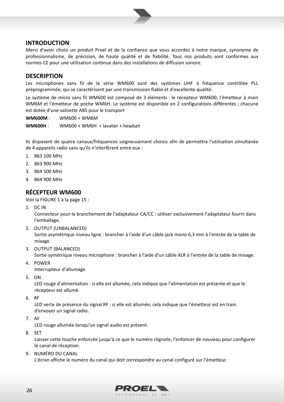 Introduction, Description, Récepteur wm600 | Proel WM600 User Manual | Page 26 / 50