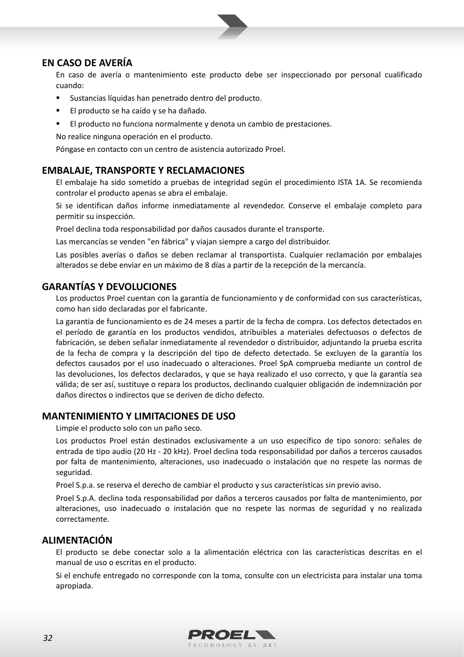 En caso de avería, Embalaje, transporte y reclamaciones, Garantías y devoluciones | Mantenimiento y limitaciones de uso, Alimentación | Proel WM600 User Manual | Page 32 / 50