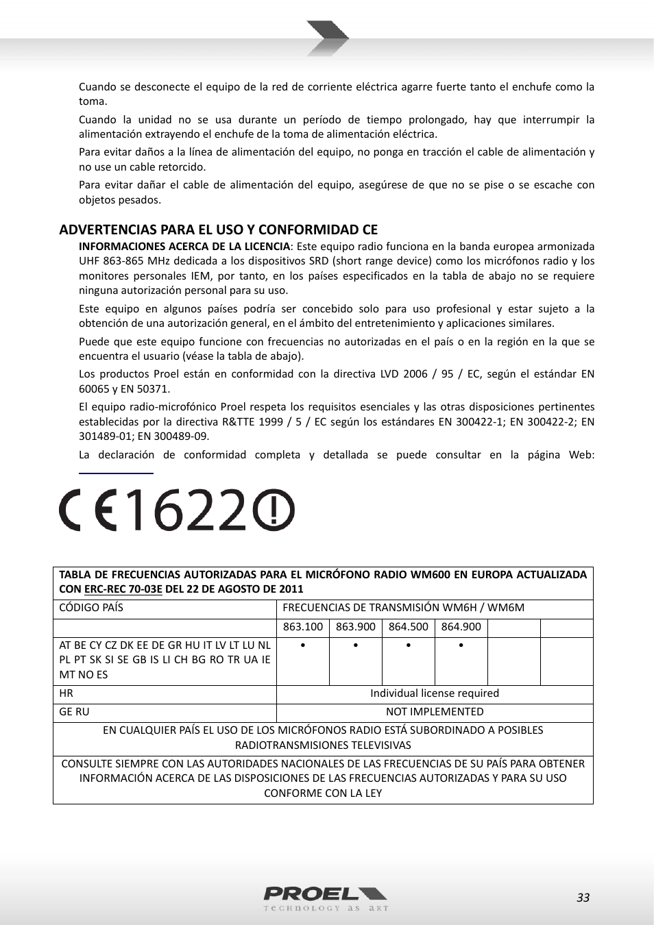 Advertencias para el uso y conformidad ce | Proel WM600 User Manual | Page 33 / 50