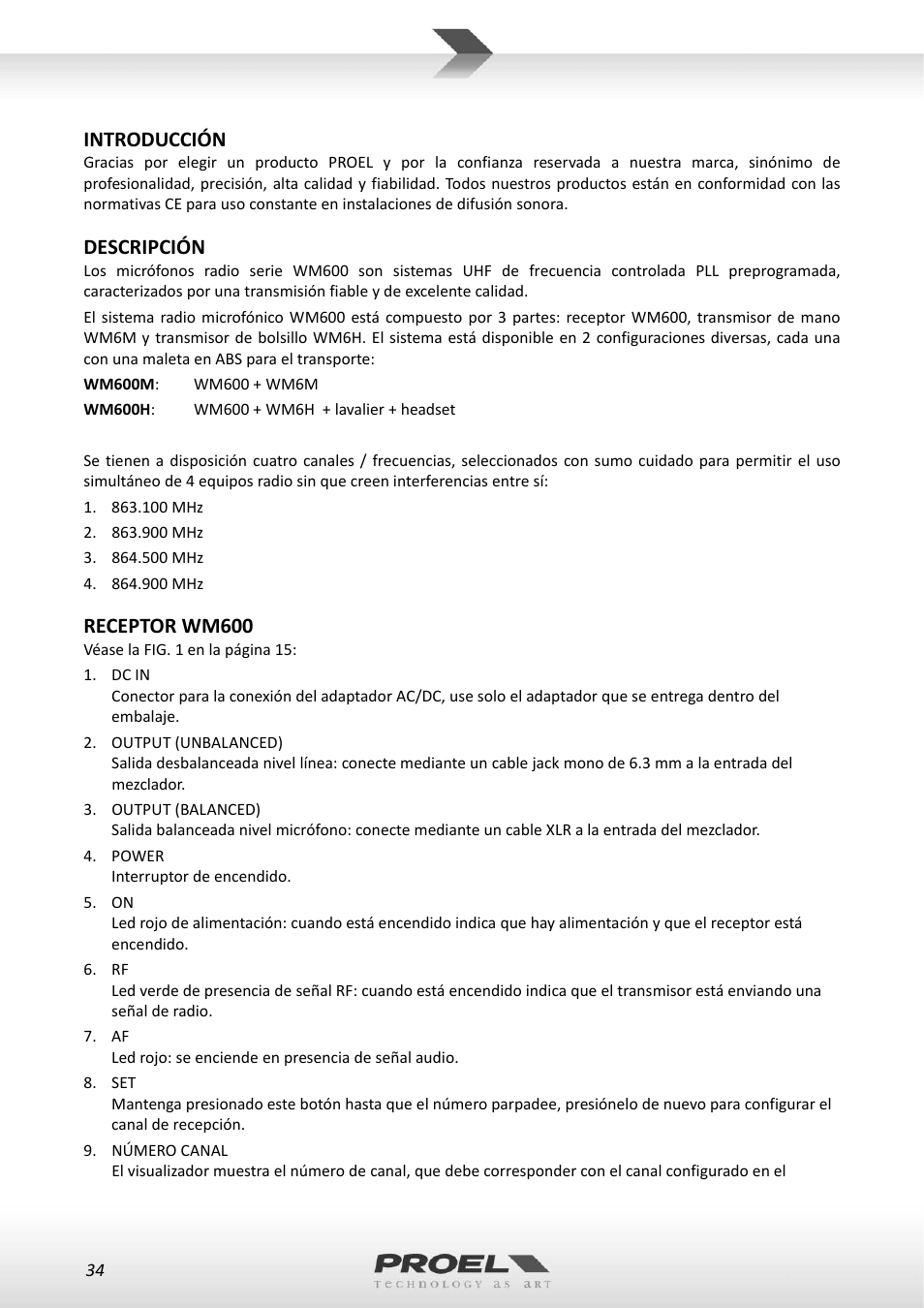 Introducción, Descripción, Receptor wm600 | Proel WM600 User Manual | Page 34 / 50