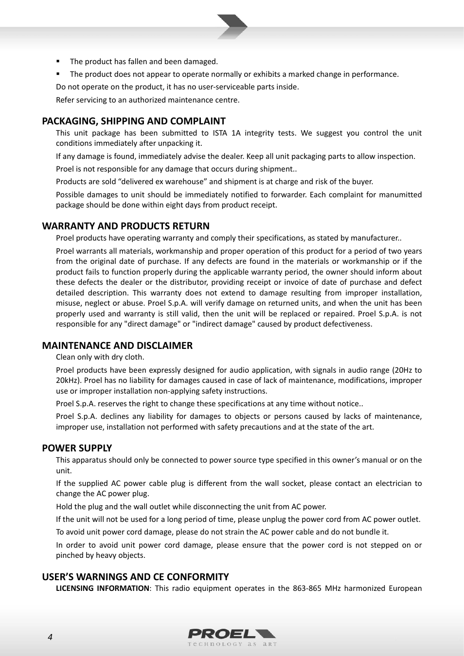Packaging, shipping and complaint, Warranty and products return, Maintenance and disclaimer | Power supply, User’s warnings and ce conformity | Proel WM600 User Manual | Page 4 / 50