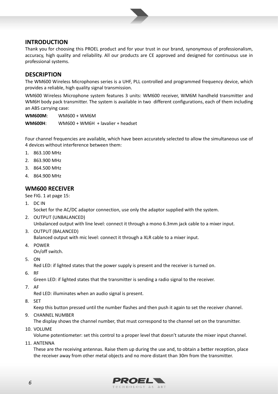 Introduction, Description, Wm600 receiver | Proel WM600 User Manual | Page 6 / 50