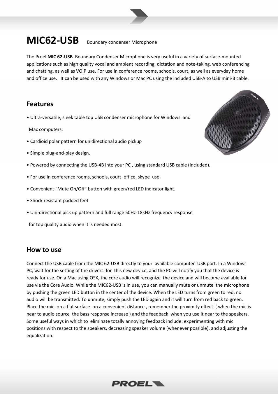 Proel MIC62-USB User Manual | 2 pages