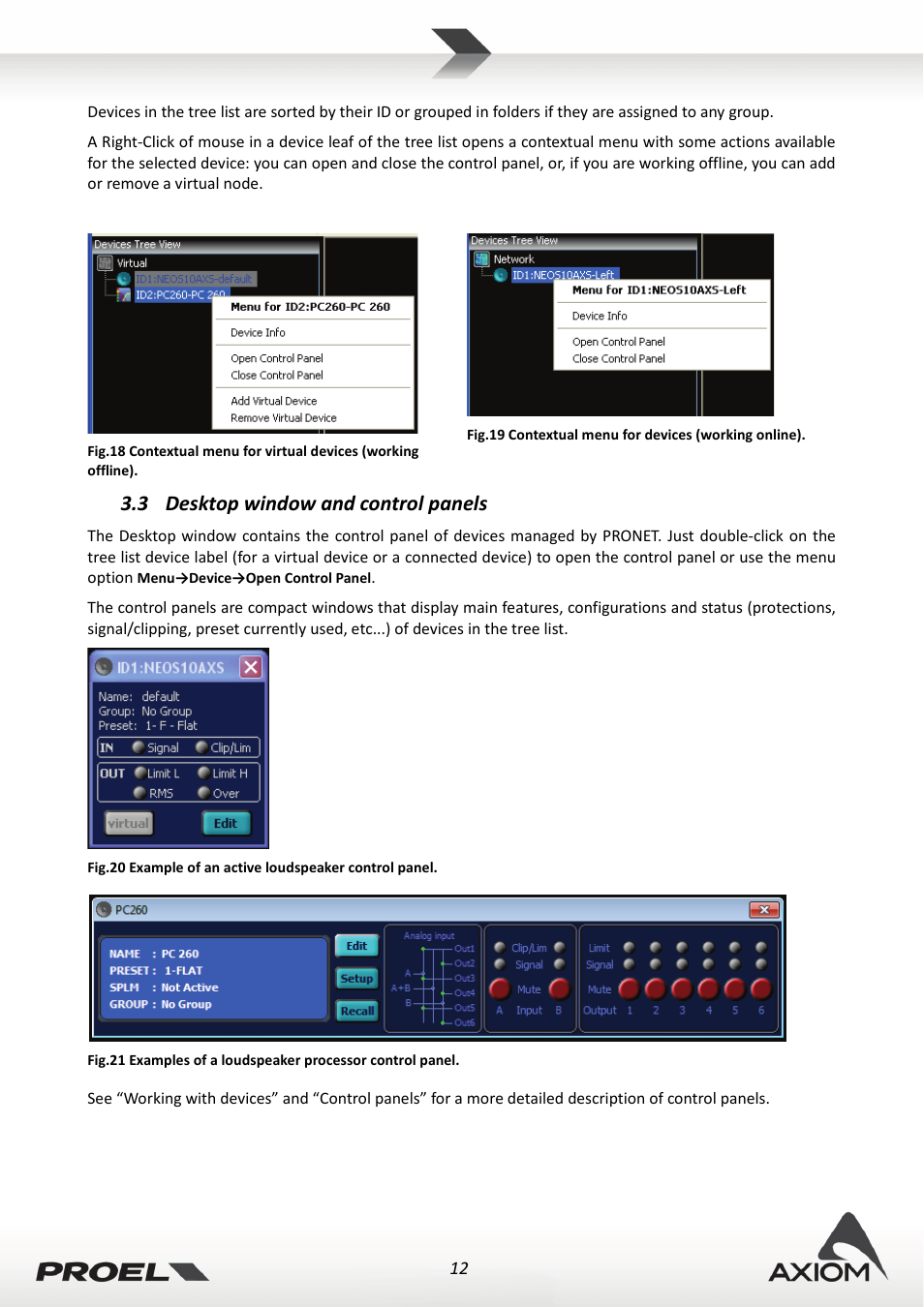 3 desktop window and control panels, Desktop window and control panels | Proel PRONET v.2.1 User Manual | Page 12 / 77