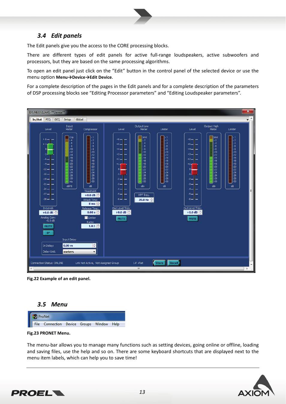 4 edit panels, 5 menu, Edit panels | Menu | Proel PRONET v.2.1 User Manual | Page 13 / 77