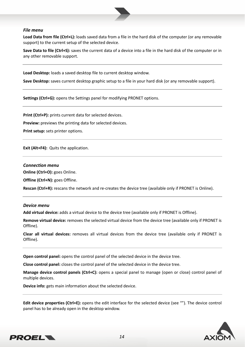 File menu, Connection menu, Device menu | Proel PRONET v.2.1 User Manual | Page 14 / 77