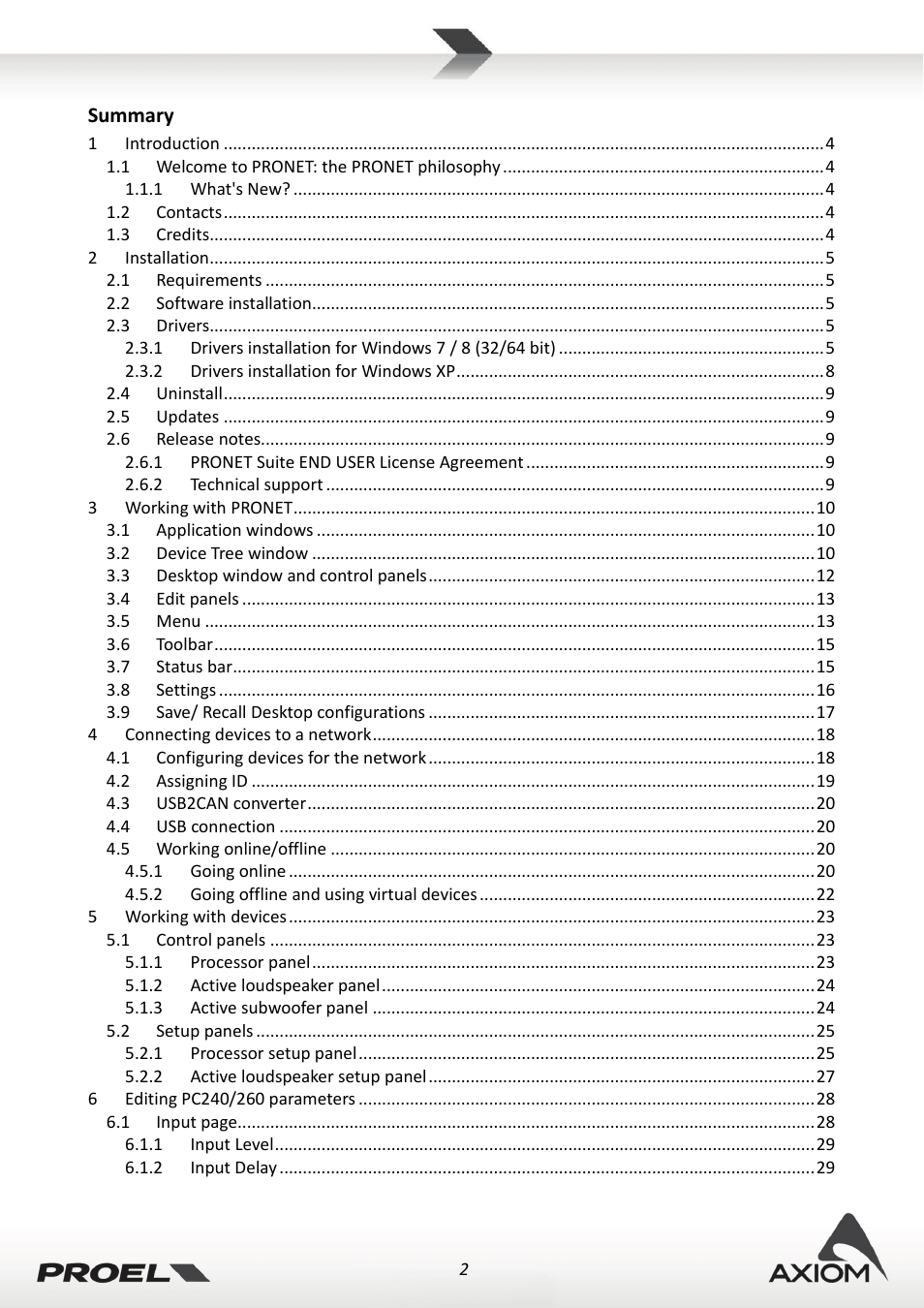 Summary | Proel PRONET v.2.1 User Manual | Page 2 / 77