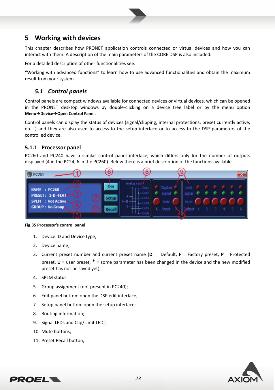 5 working with devices, 1 control panels, 1 processor panel | Working with devices, Control panels, Processor panel, 5working with devices | Proel PRONET v.2.1 User Manual | Page 23 / 77