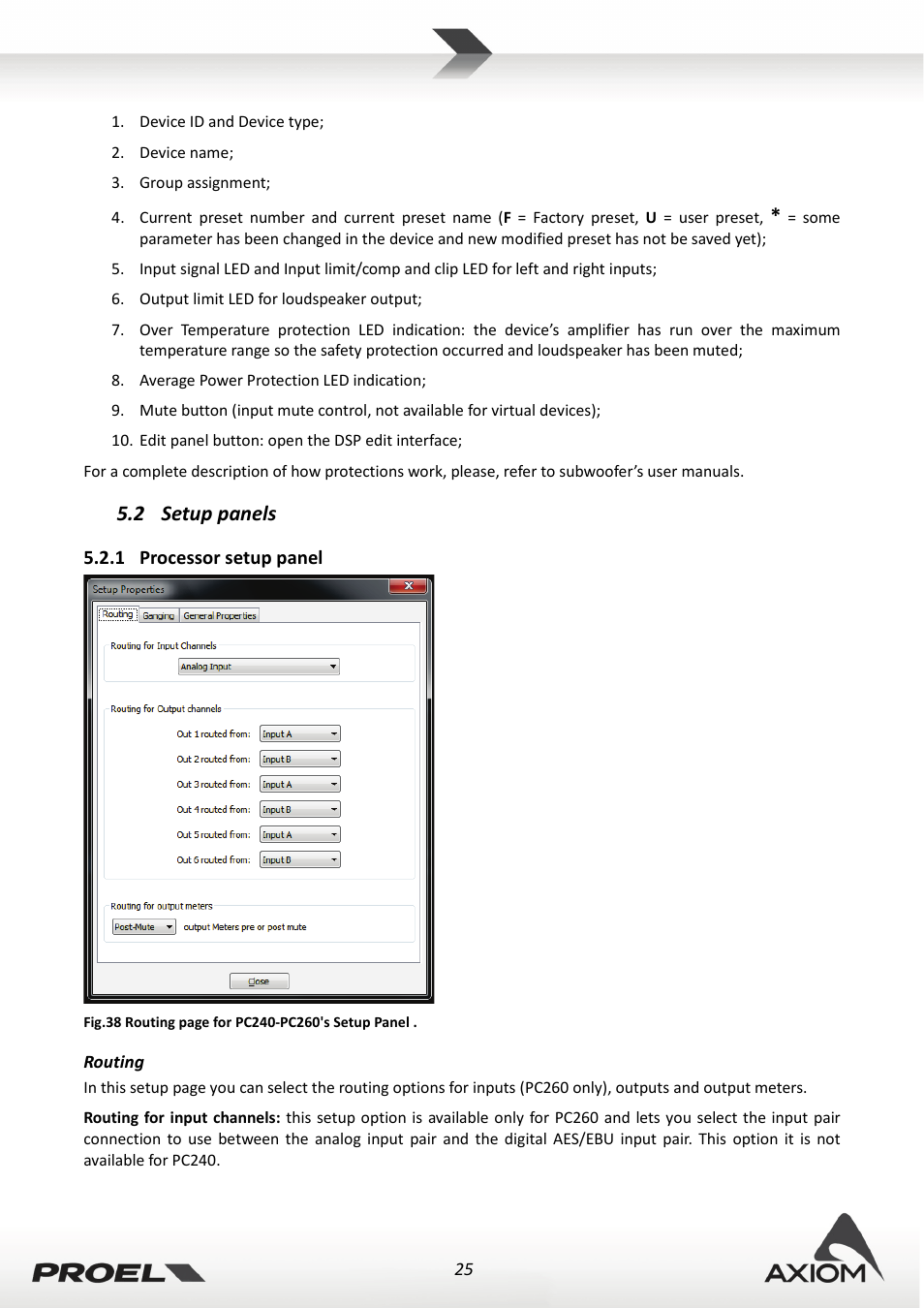 2 setup panels, 1 processor setup panel, Routing | Setup panels, Processor setup panel | Proel PRONET v.2.1 User Manual | Page 25 / 77