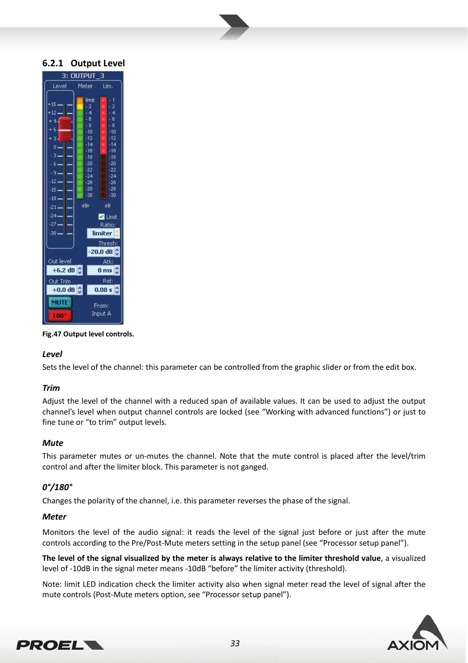 1 output level, Level, Trim | Mute, Output level | Proel PRONET v.2.1 User Manual | Page 33 / 77