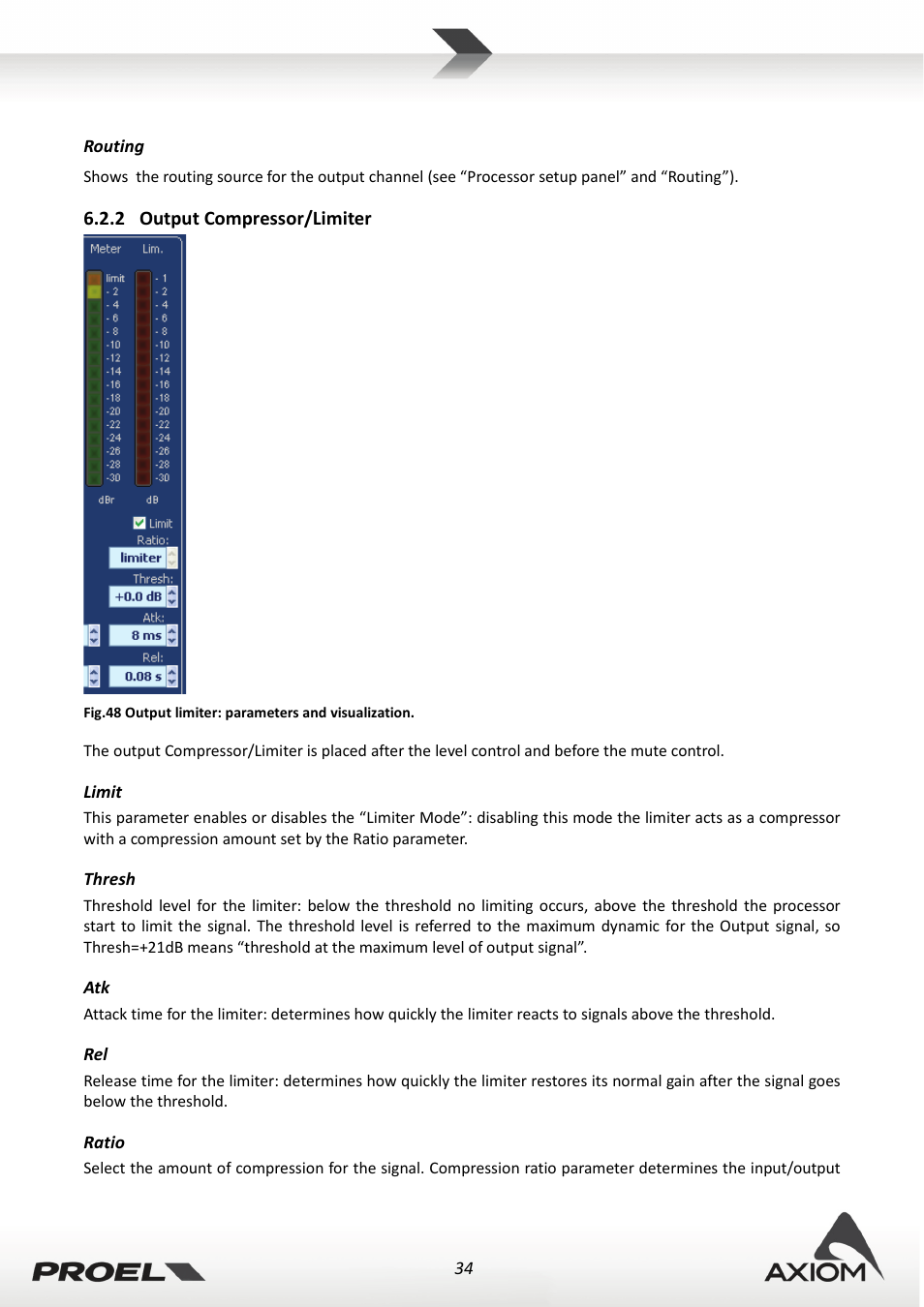 2 output compressor/limiter, Limit, Thresh | Ratio, Output compressor/limiter | Proel PRONET v.2.1 User Manual | Page 34 / 77