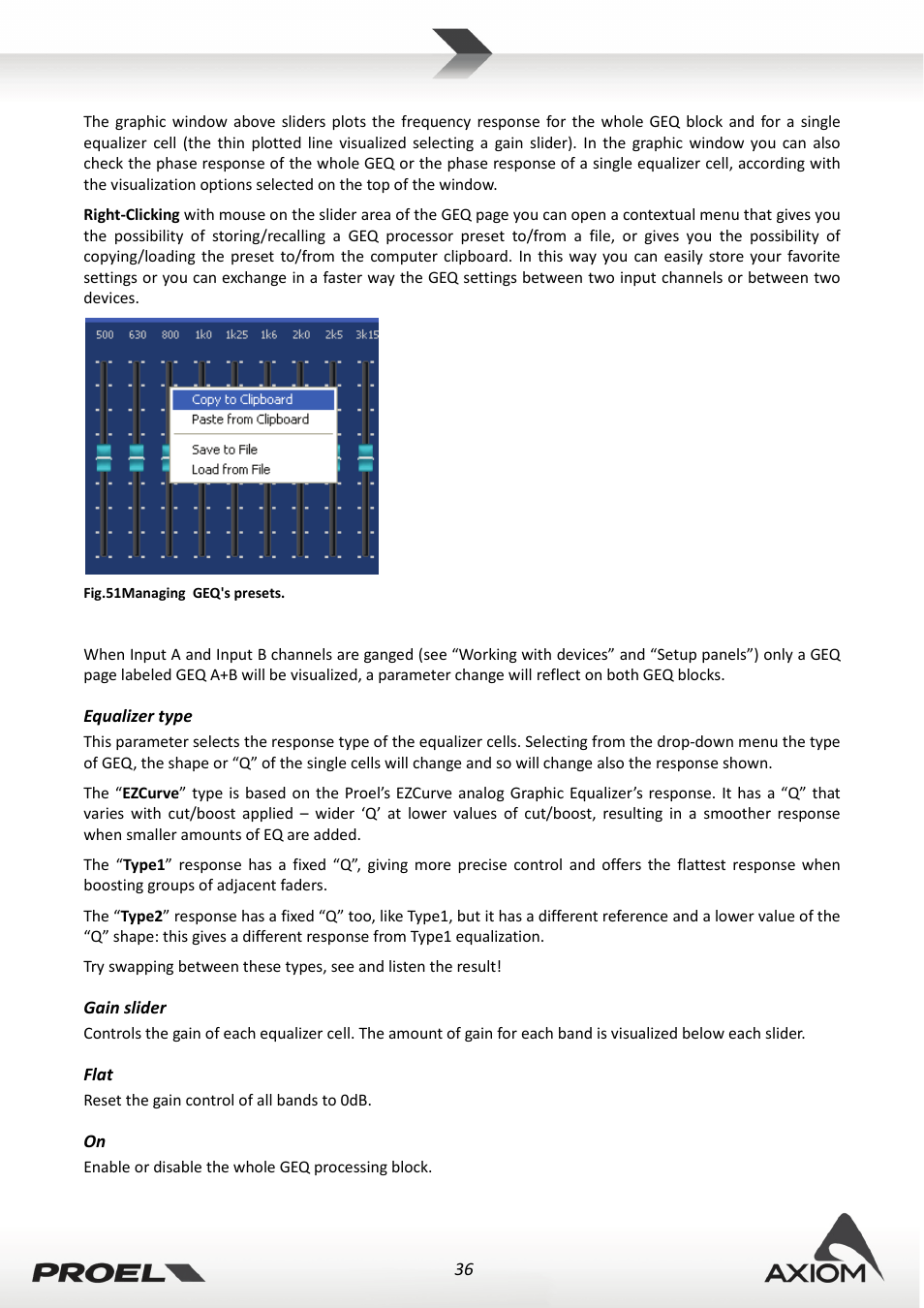 Equalizer type, Gain slider, Flat | Proel PRONET v.2.1 User Manual | Page 36 / 77