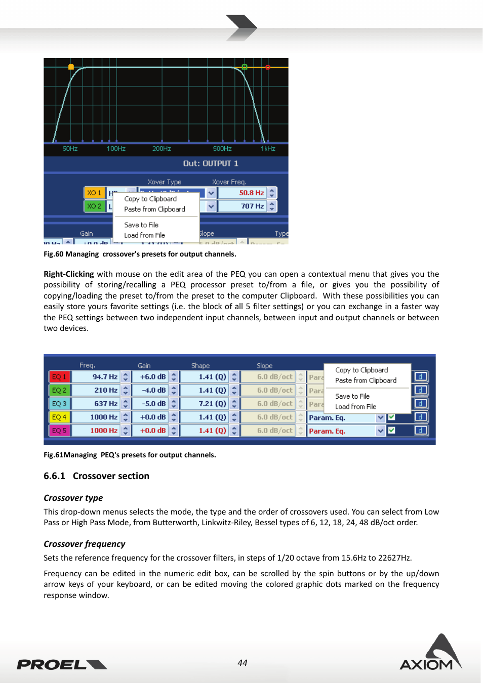 1 crossover section, Crossover type, Crossover frequency | Crossover section | Proel PRONET v.2.1 User Manual | Page 44 / 77