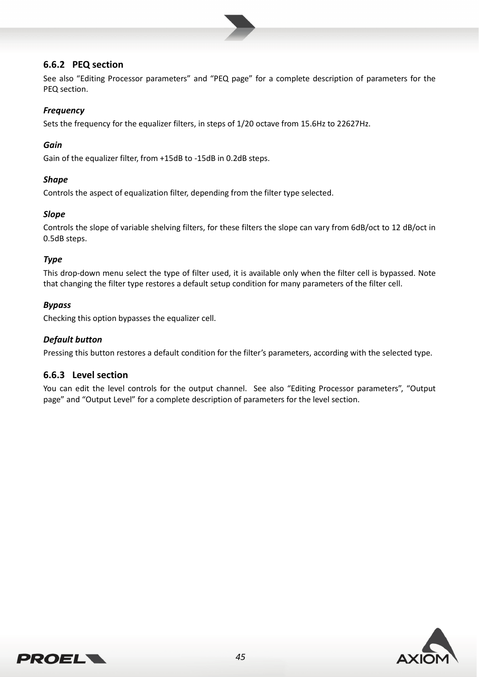 2 peq section, Frequency, Gain | Shape, Slope, Type, Bypass, Default button, 3 level section, Peq section | Proel PRONET v.2.1 User Manual | Page 45 / 77