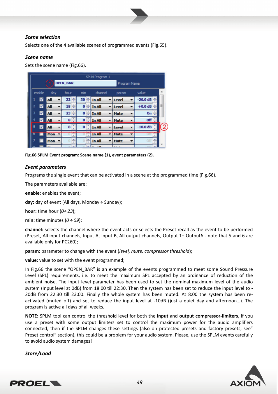 Scene selection, Scene name, Event parameters | Store/load | Proel PRONET v.2.1 User Manual | Page 49 / 77