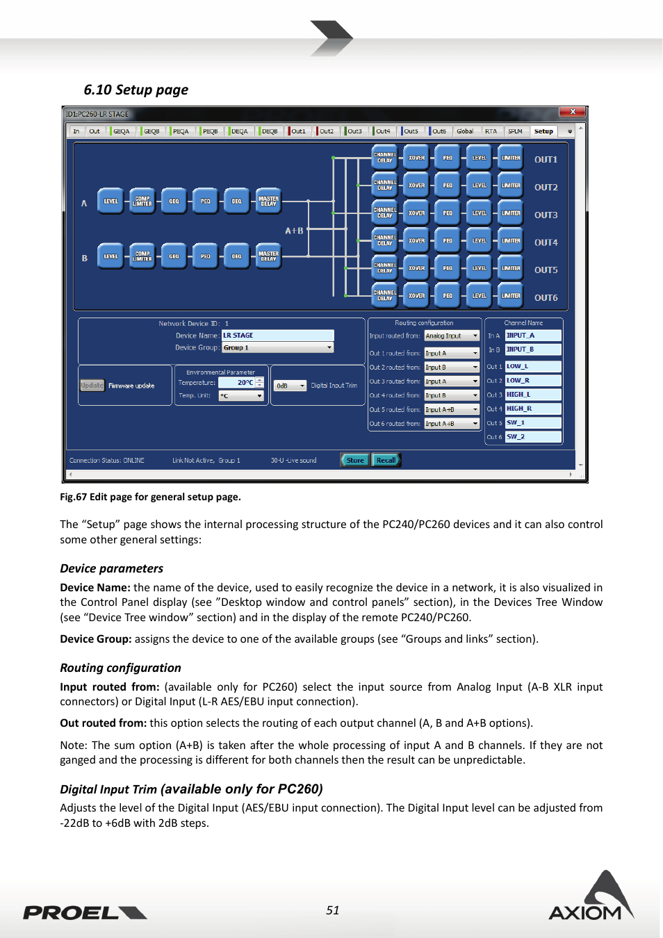 Device parameters, Routing configuration, Digital input trim (available only for pc260) | Proel PRONET v.2.1 User Manual | Page 51 / 77