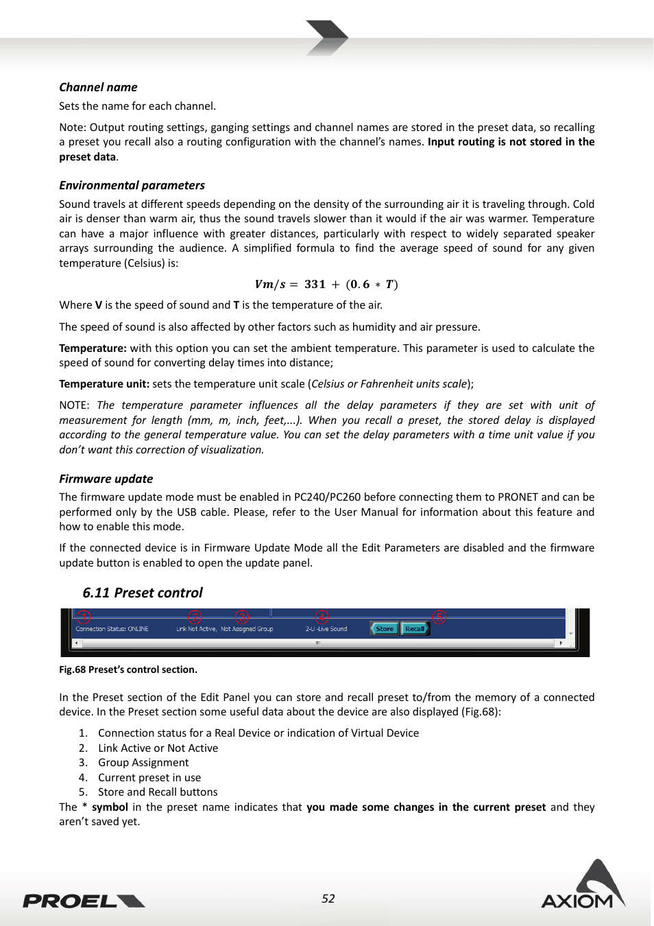 Channel name, Environmental parameters, Firmware update | 11 preset control, Preset control | Proel PRONET v.2.1 User Manual | Page 52 / 77