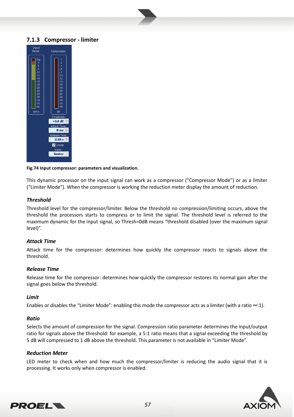 3 compressor - limiter, Threshold, Attack time | Release time, Limit, Ratio, Reduction meter, Compressor - limiter | Proel PRONET v.2.1 User Manual | Page 57 / 77