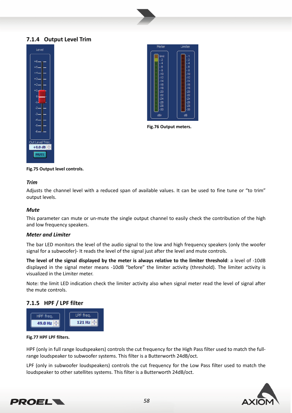 4 output level trim, Trim, Mute | 5 hpf / lpf filter, Output level trim, Hpf / lpf filter | Proel PRONET v.2.1 User Manual | Page 58 / 77