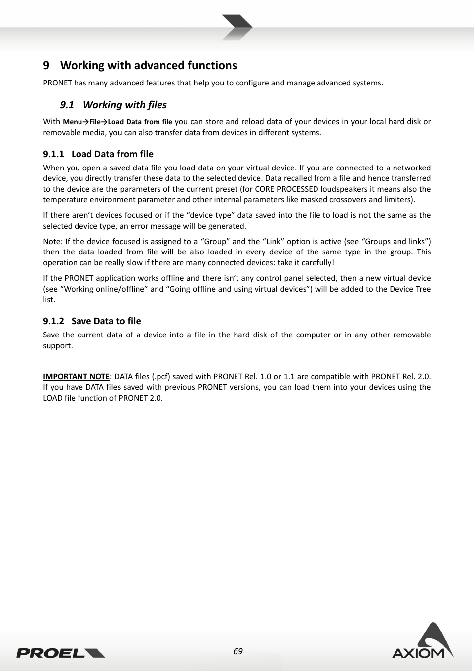 9 working with advanced functions, 1 working with files, 1 load data from file | 2 save data to file, Working with advanced functions, Working with files, Load data from file, Save data to file, 9working with advanced functions | Proel PRONET v.2.1 User Manual | Page 69 / 77