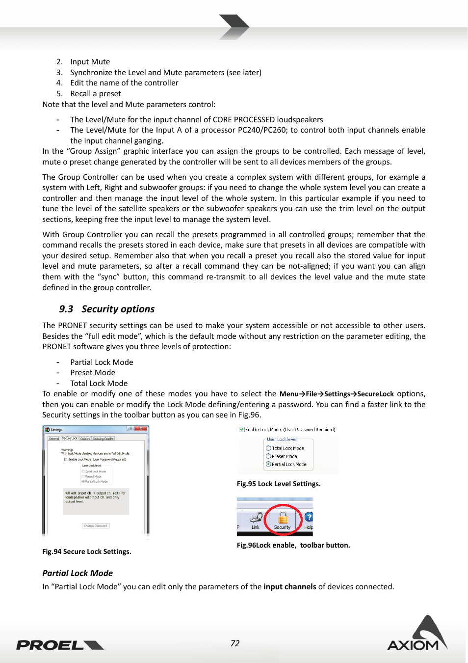 3 security options, Partial lock mode, Security options | Proel PRONET v.2.1 User Manual | Page 72 / 77