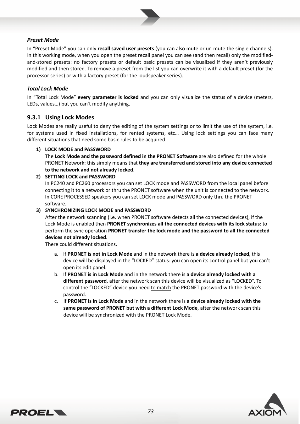 Preset mode, Total lock mode, 1 using lock modes | Using lock modes | Proel PRONET v.2.1 User Manual | Page 73 / 77