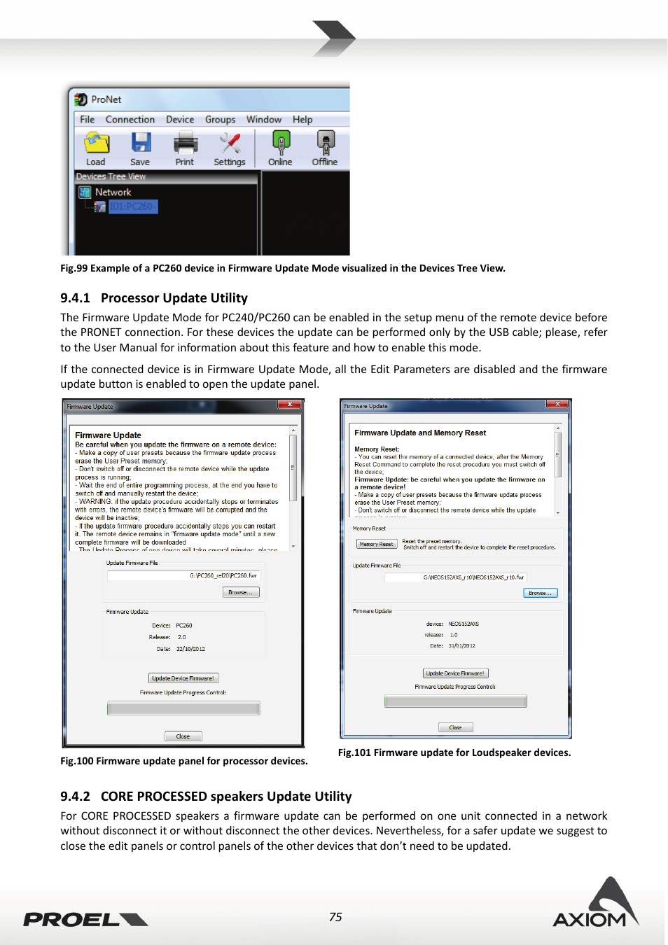 1 processor update utility, 2 core processed speakers update utility, Processor update utility | Core processed speakers update utility | Proel PRONET v.2.1 User Manual | Page 75 / 77