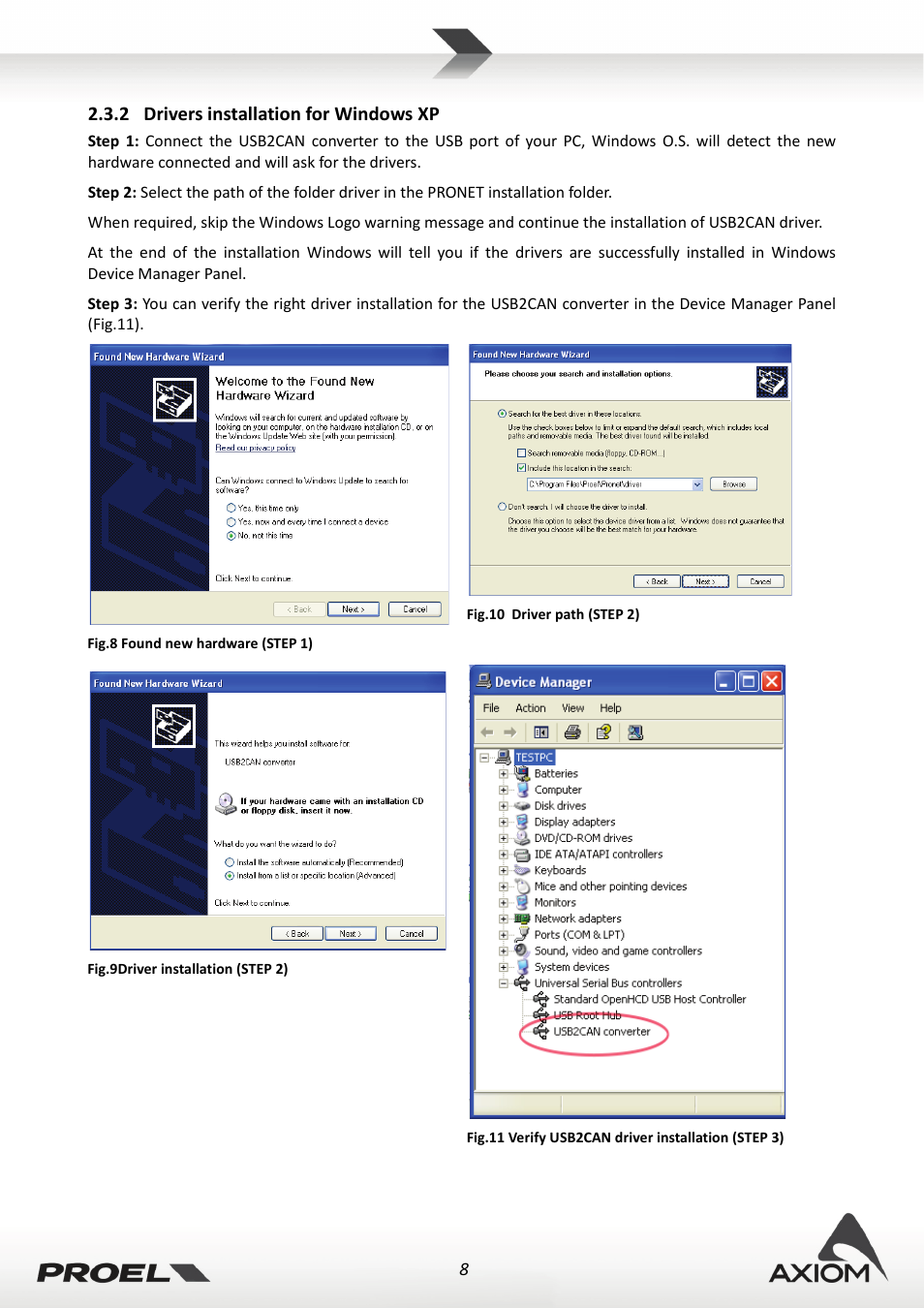 2 drivers installation for windows xp, Drivers installation for windows xp | Proel PRONET v.2.1 User Manual | Page 8 / 77