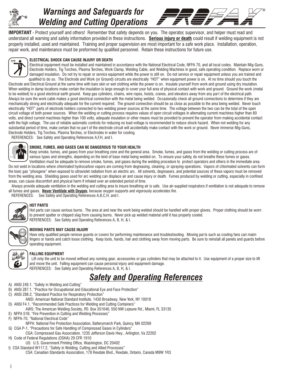 Safety and operating references, Warranty | Profax WP-500 User Manual | Page 2 / 8