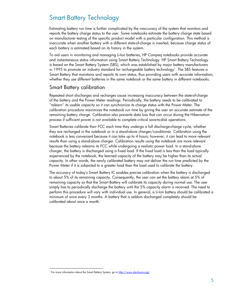 Smart battery technology, Smart battery calibration | Compaq Lithium-ion battery User Manual | Page 5 / 7