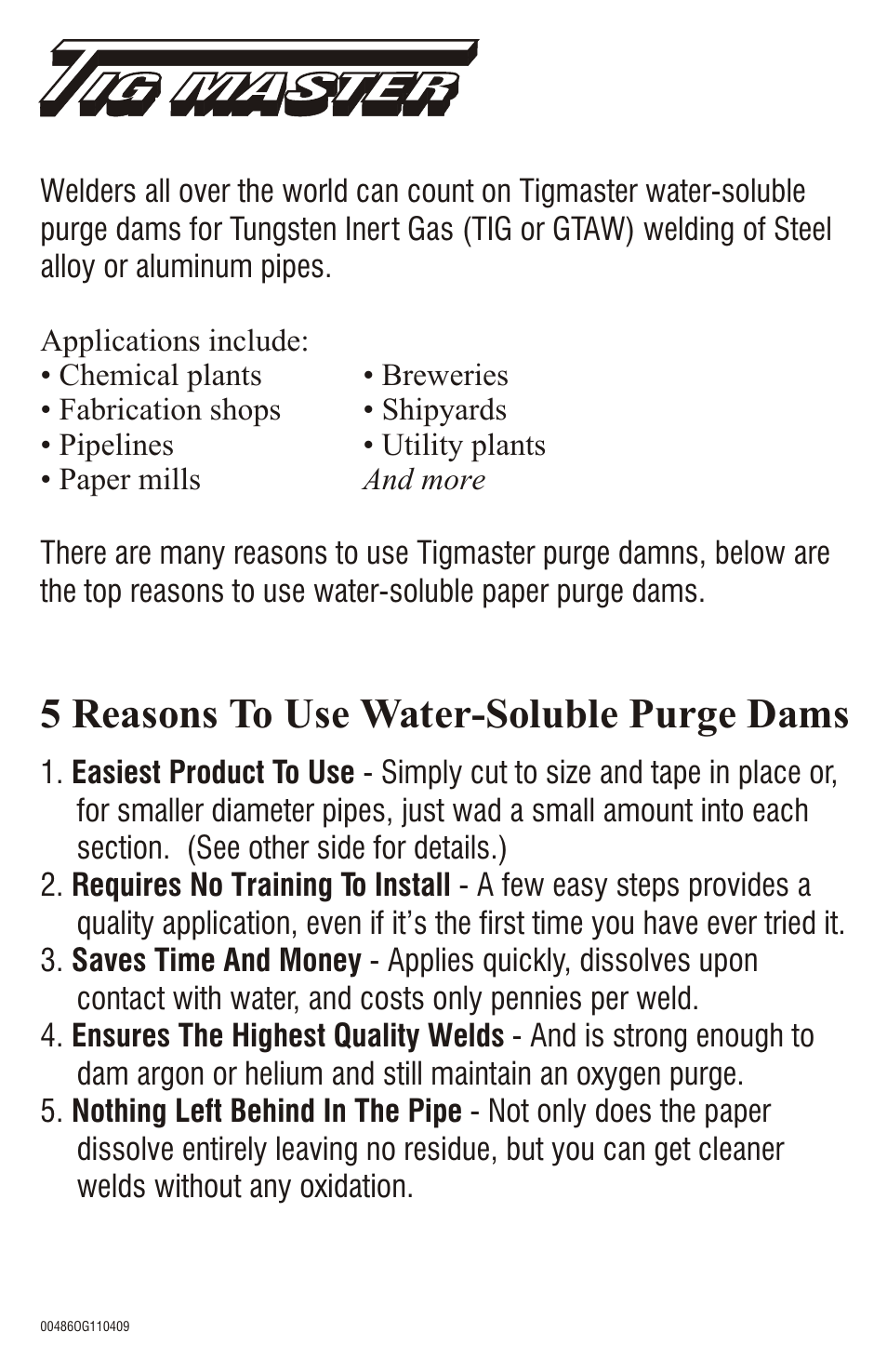 Profax WATER-SOLUBLE PURGE DAMS User Manual | 2 pages