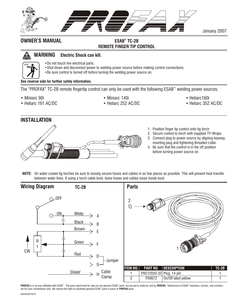 Profax TC-2B User Manual | 2 pages