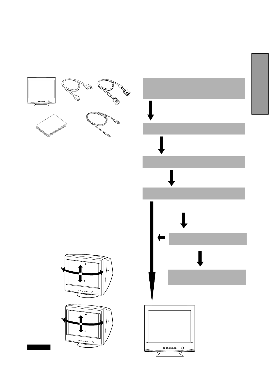 Unpacking, Tilt/swivel base, Screen position adjustment | Quick operation chart, English | Compaq P1210 User Manual | Page 6 / 29