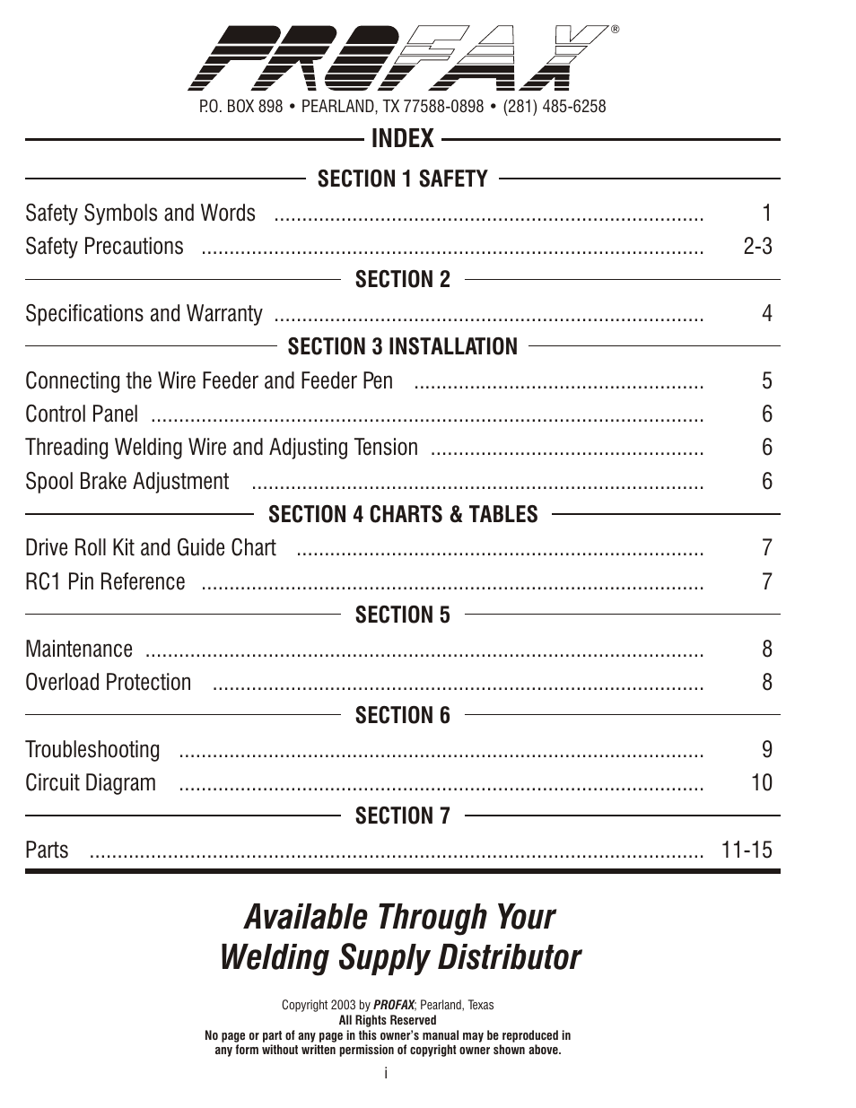 Available through your welding supply distributor, Index | Profax PRO II TIG 220V User Manual | Page 2 / 20