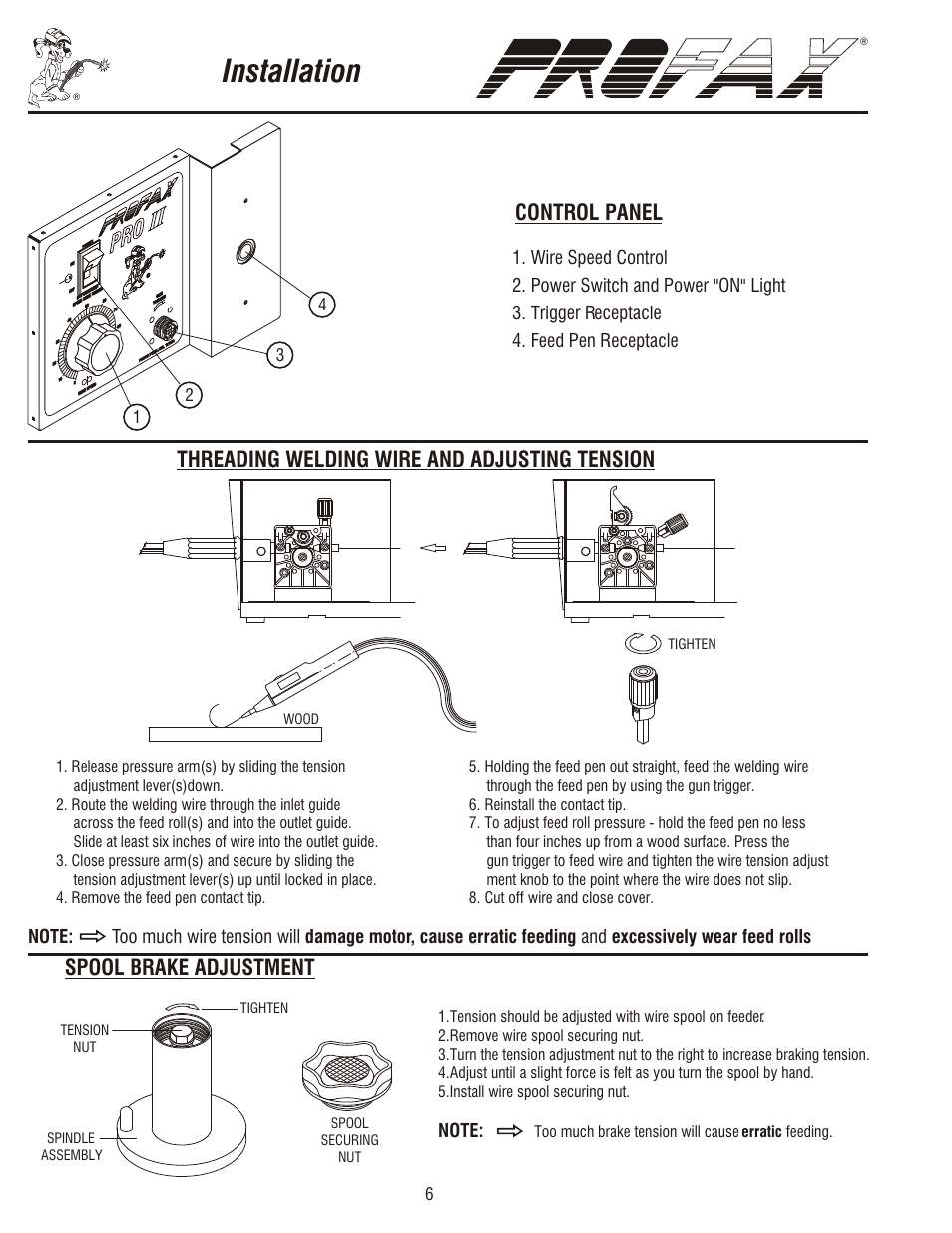 Installation, Control panel, Feed roll , kit and guide chart | Profax PRO II TIG 220V User Manual | Page 8 / 20