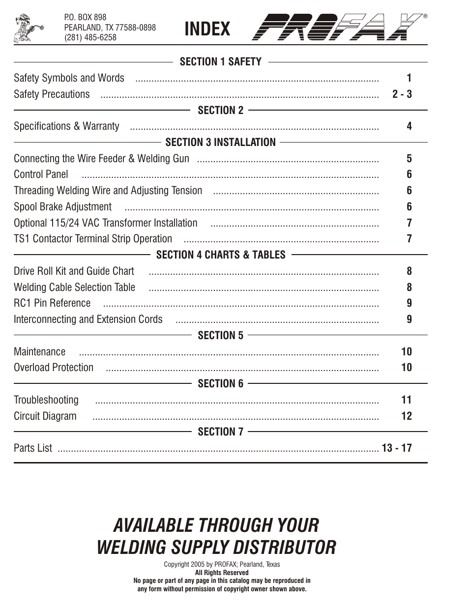 Index, Available through your welding supply distributor, Parts list | Profax PRO II x User Manual | Page 2 / 20