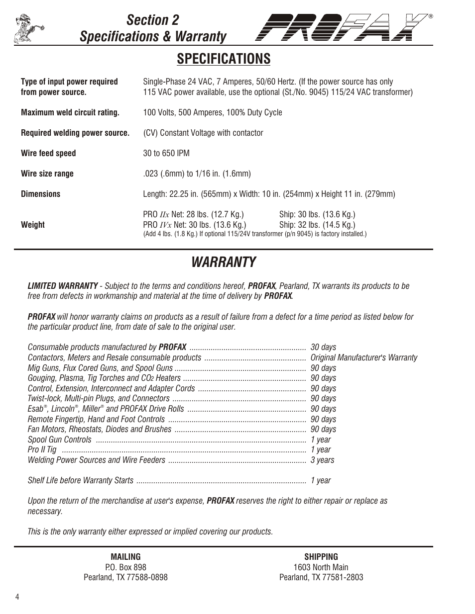 Caution, Warranty | Profax PRO II x User Manual | Page 6 / 20