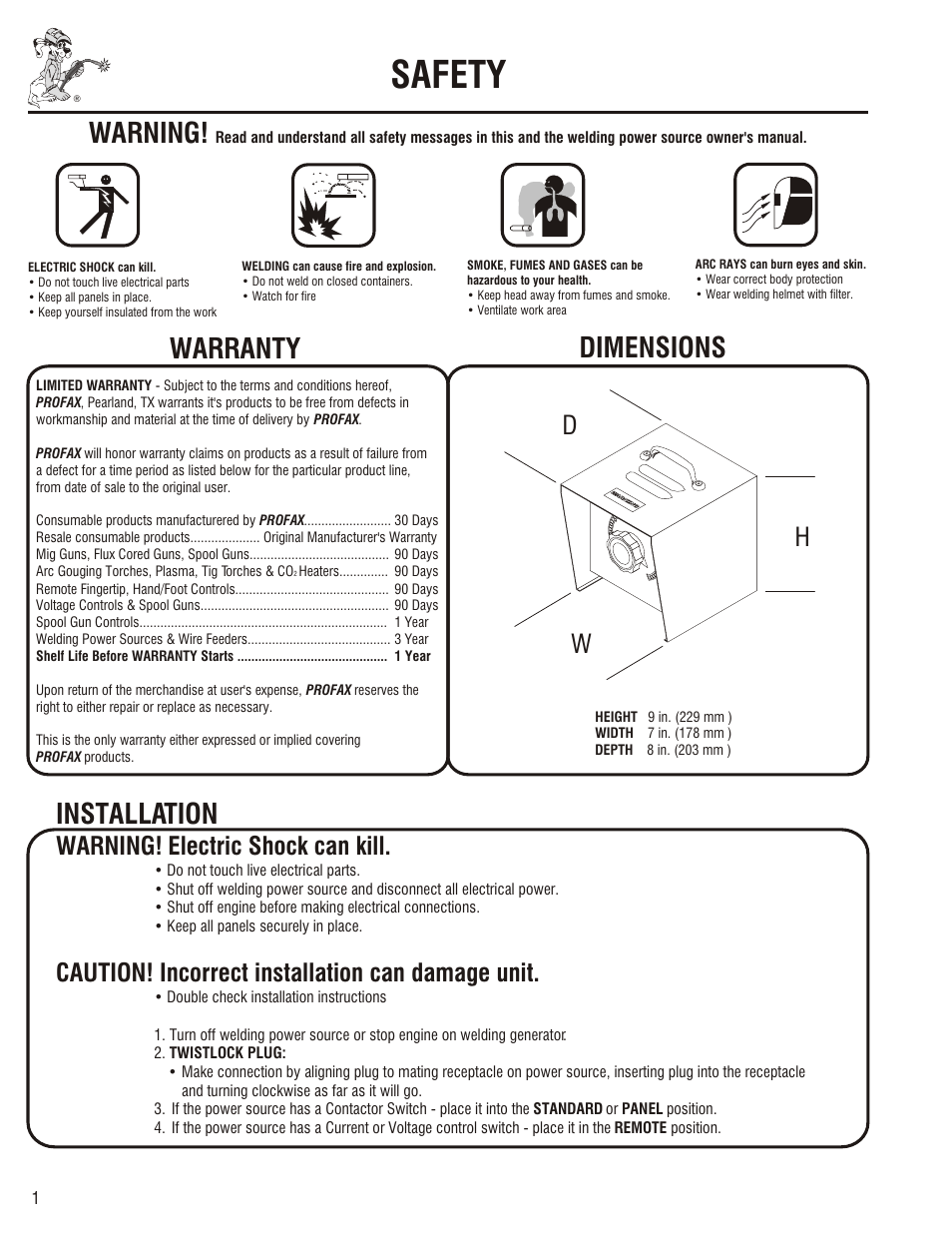 Safety, Maintenance, Warning | Dimensions, Warranty, Installation, Troubleshooting, Remote hand control selection guide, Wiring diagrams, Dw h | Profax MHC-3 User Manual | Page 2 / 4