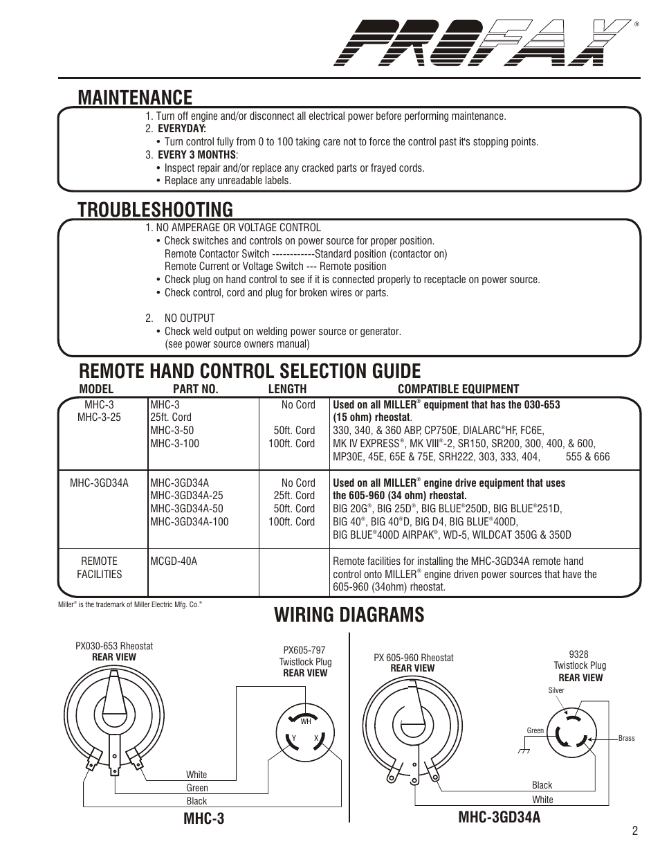 Safety, Maintenance, Warning | Dimensions, Warranty, Installation, Troubleshooting, Remote hand control selection guide, Wiring diagrams, Dw h | Profax MHC-3 User Manual | Page 3 / 4