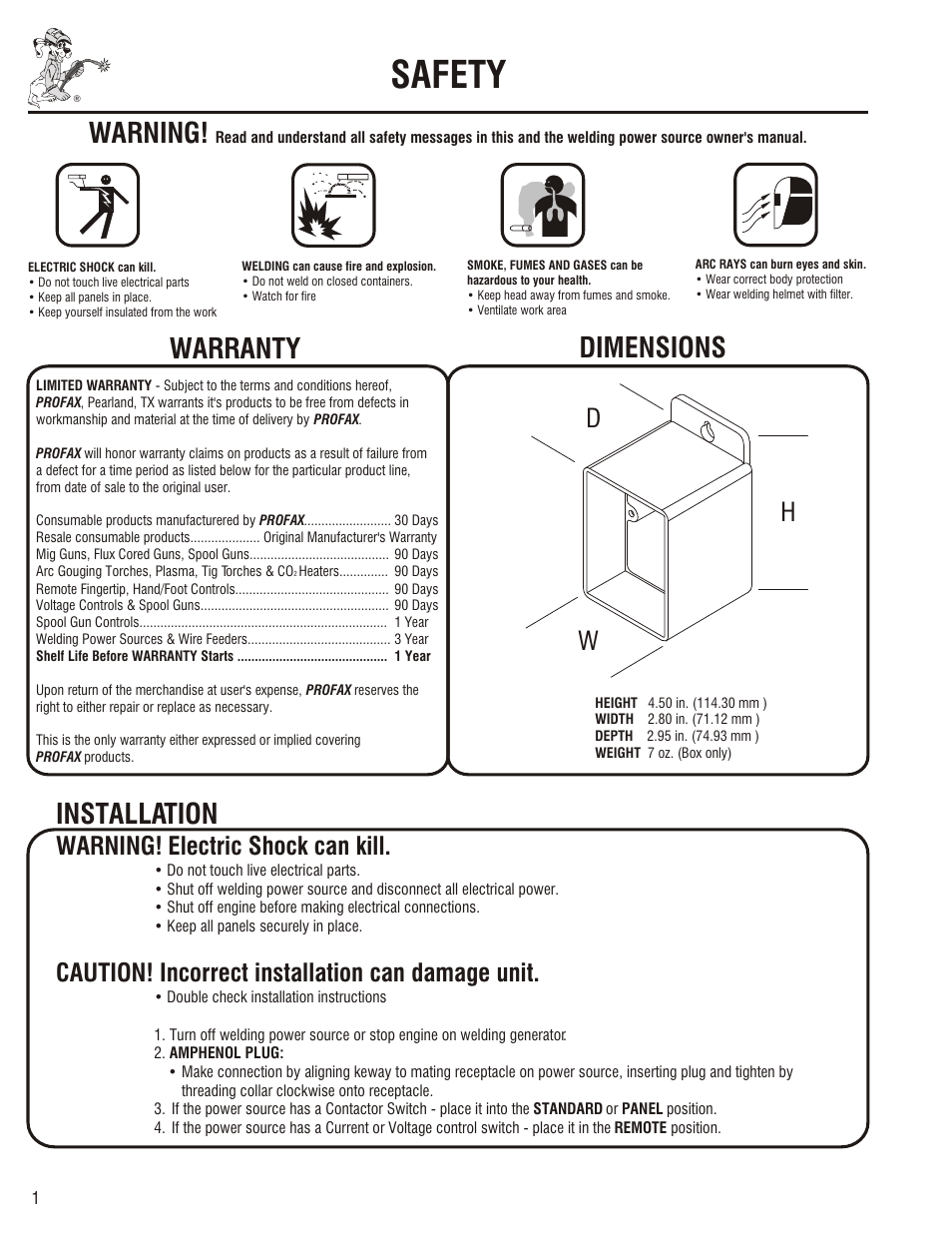 Safety, Maintenance, Warning | Dimensions warranty, Installation, Troubleshooting, Remote hand control selection guide, Wiring diagrams, Dw h, Electric shock can kill | Profax MHC-14 User Manual | Page 2 / 4