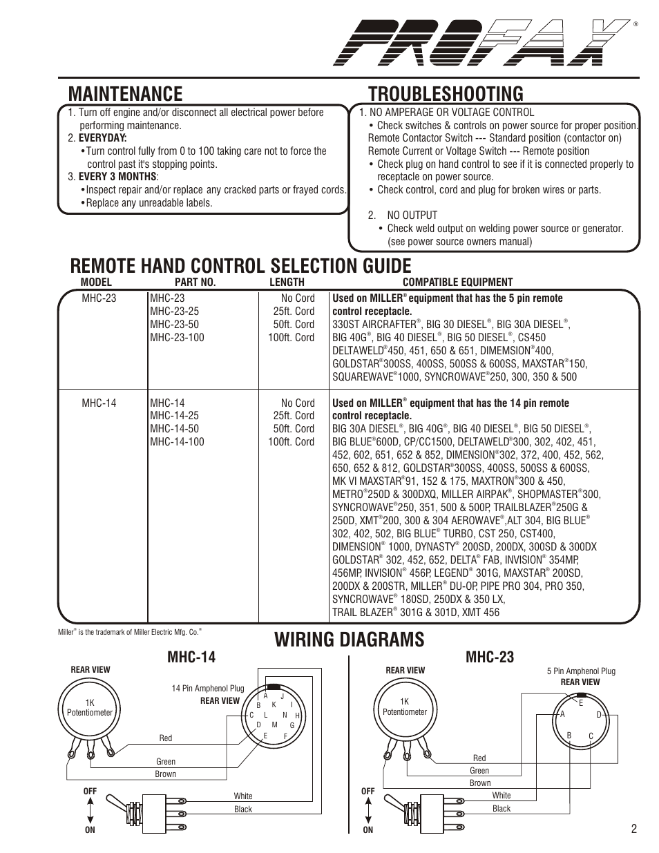 Safety, Maintenance, Warning | Dimensions warranty, Installation, Troubleshooting, Remote hand control selection guide, Wiring diagrams, Dw h, Electric shock can kill | Profax MHC-14 User Manual | Page 3 / 4