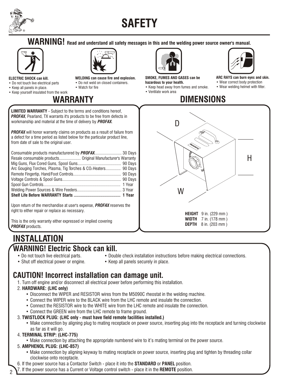 Safety, Troubleshooting, Warning | Dimensions, Warranty, Installation, Maintenance, Remote hand control selection guide, Dw h, Electric shock can kill | Profax LHC-775 V.1 User Manual | Page 2 / 4