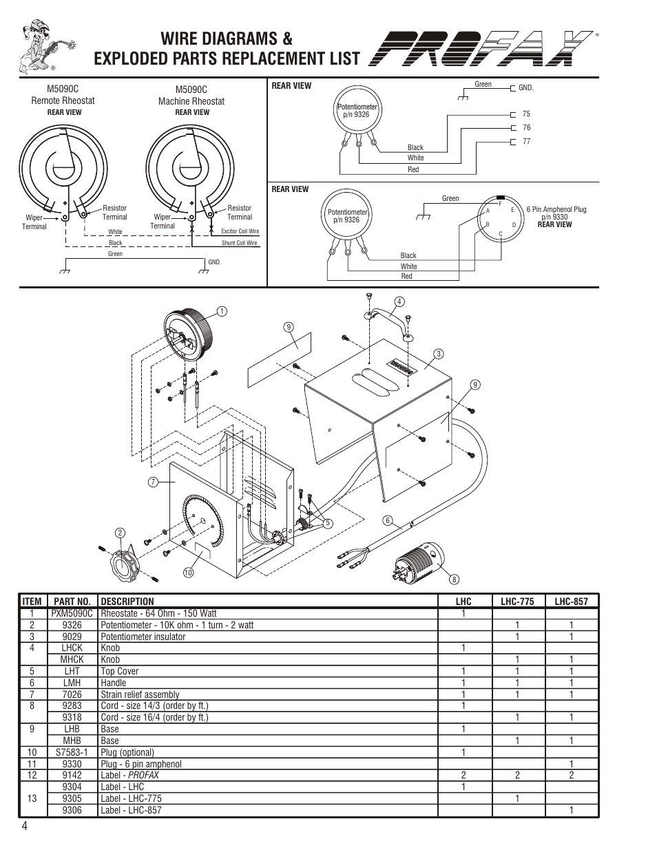 Wire diagrams & exploded parts replacement list | Profax LHC-775 V.1 User Manual | Page 4 / 4