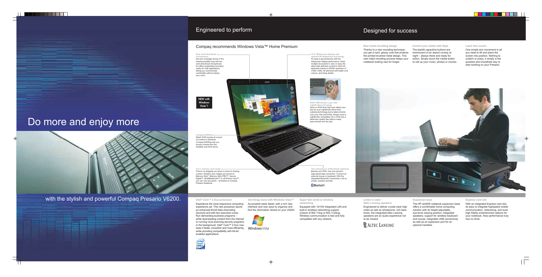 Do more and enjoy more, Designed for success, Engineered to perform | Compaq recommends windows vista™ home premium | Compaq V6200 User Manual | Page 2 / 2