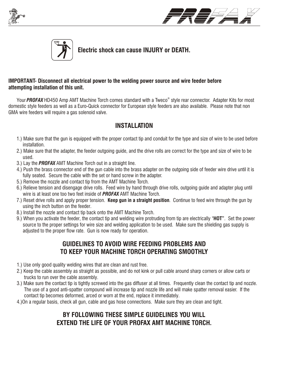 Electric shock can cause injury or death, Installation | Profax HD450 AMP AMT User Manual | Page 4 / 4