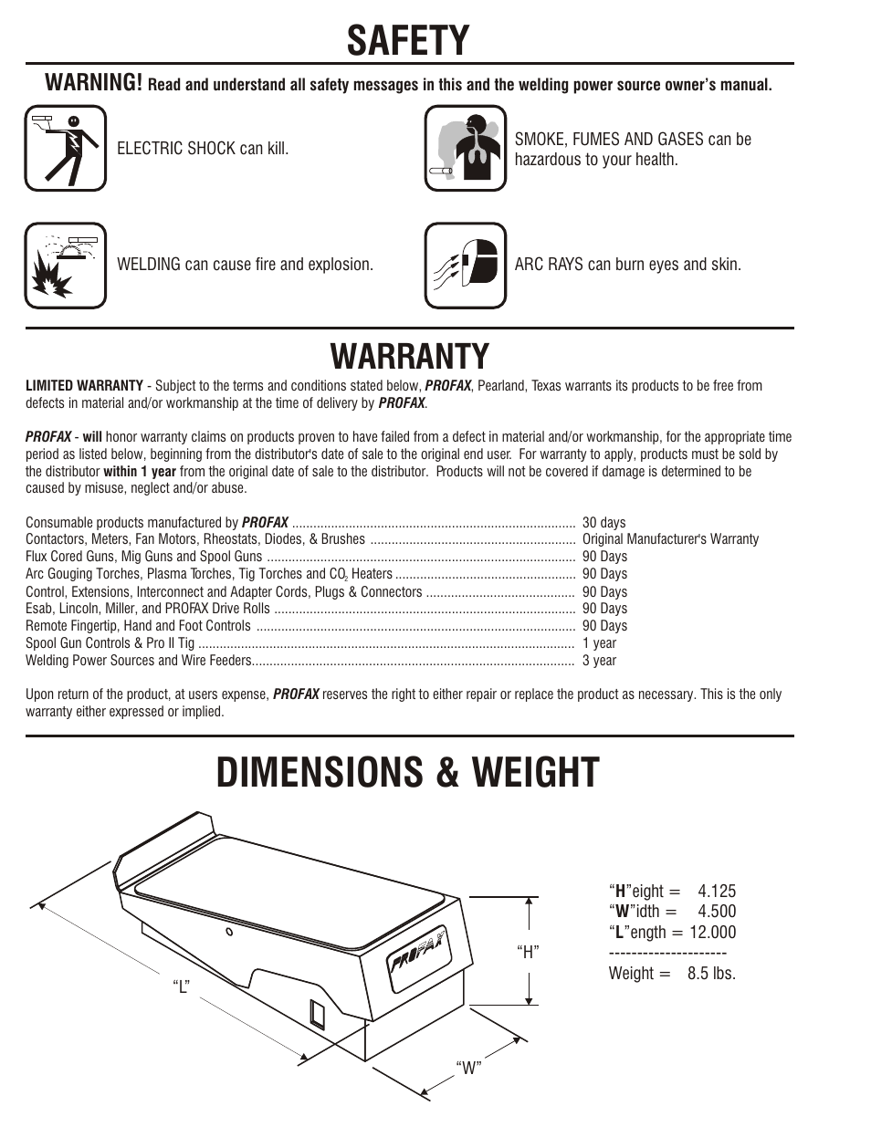 Safety, Dimensions & weight, Warranty | Warning | Profax EFC-14 User Manual | Page 2 / 4