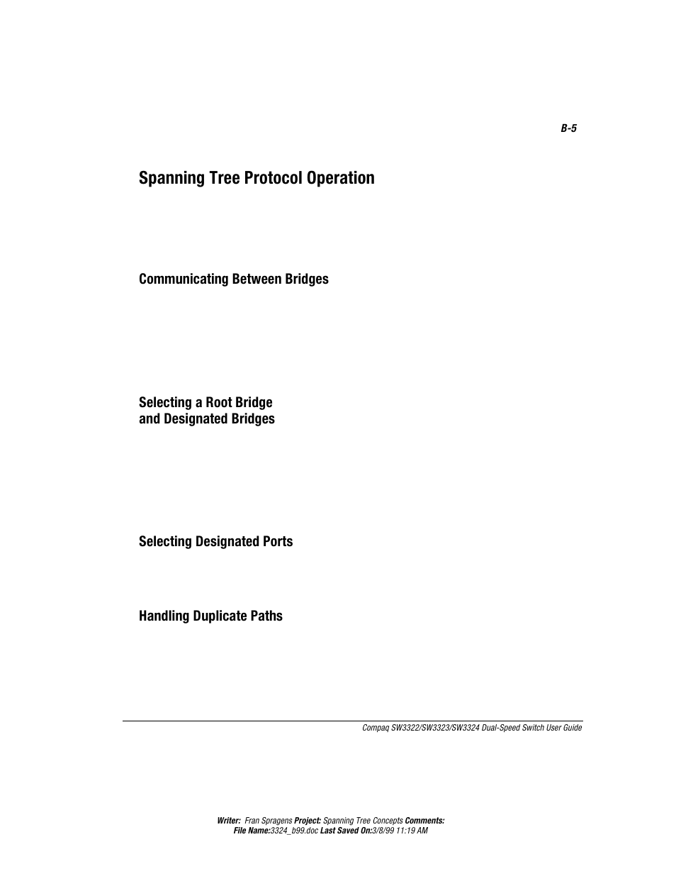 Spanning tree protocol operation, Communication between bridges, Selecting a root bridge and designated bridges | Selecting designated ports, Handling duplicate paths, 7terrmrk8vii4vsxsgsp3tivexmsr | Compaq SW3322 User Manual | Page 100 / 119