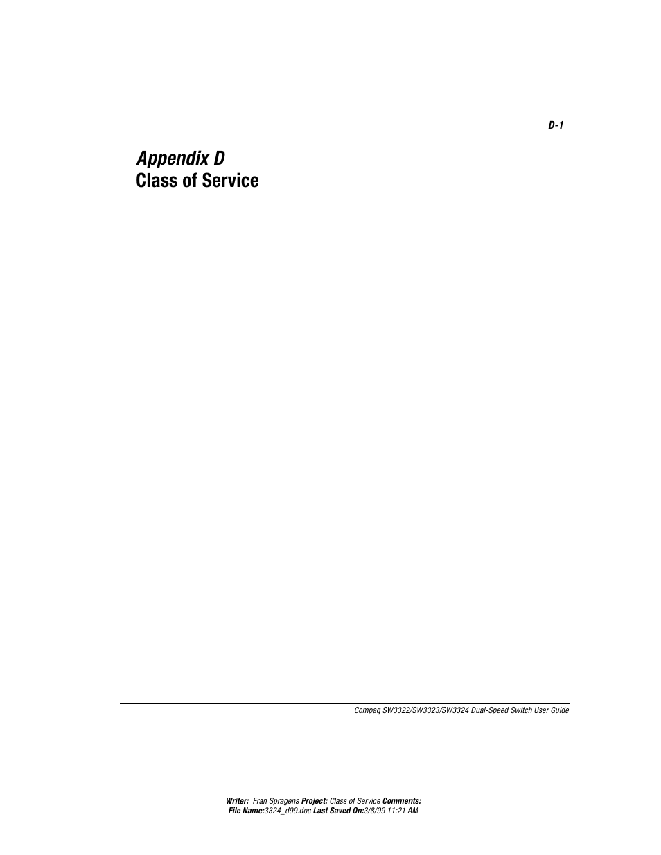 Appendix d, Class of service, Ttirhm\( 'pewwsj7ivzmgi | Compaq SW3322 User Manual | Page 107 / 119