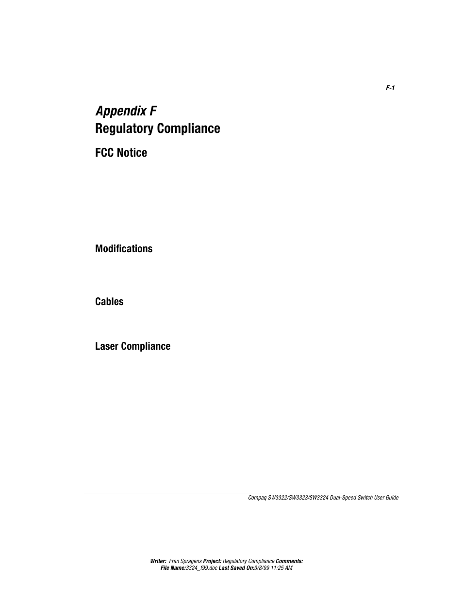 Appendix f, Regulatory compliance, Ttirhm\* 6ikypexsv]'sqtpmergi | 2sxmgi | Compaq SW3322 User Manual | Page 111 / 119